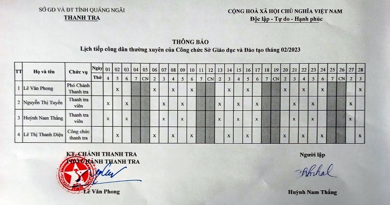 LỊCH TIẾP CÔNG DÂN THÁNG 02 NĂM 2023