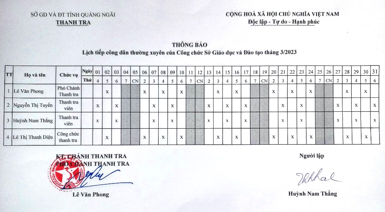 LỊCH TIẾP CÔNG DÂN THÁNG 03 NĂM 2023