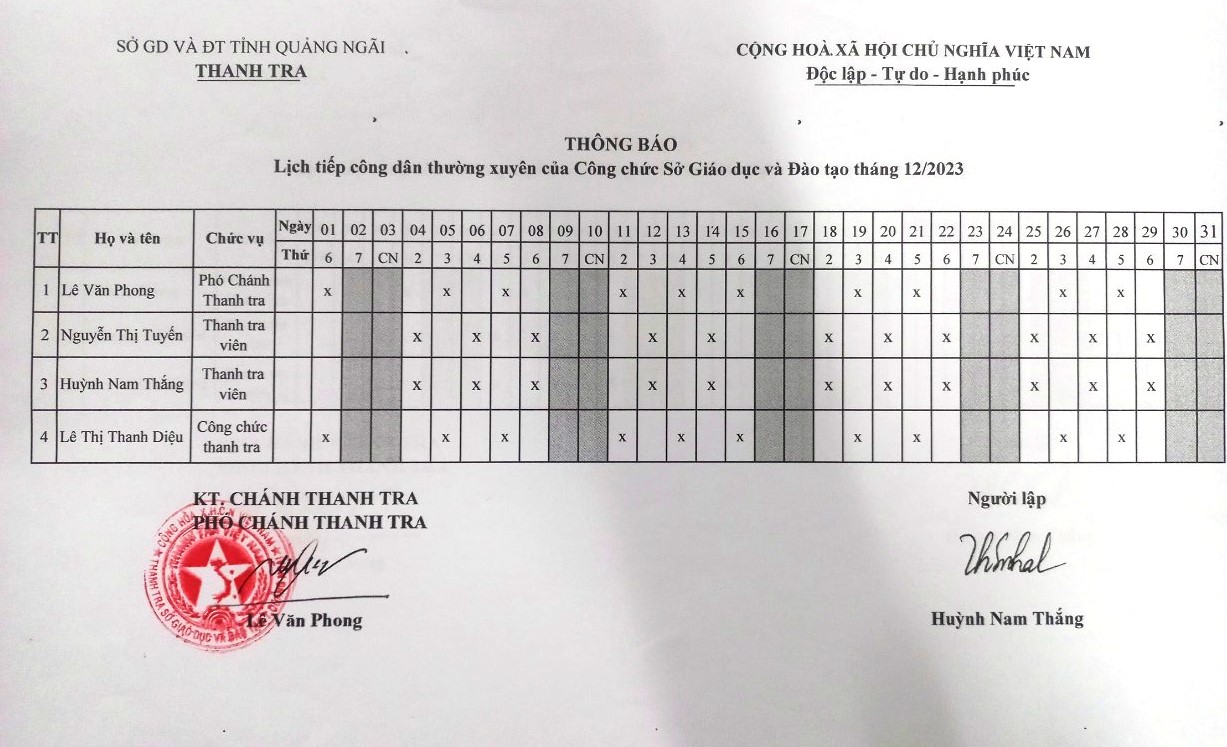 LỊCH TIẾP CÔNG DÂN THÁNG 6 NĂM 2025