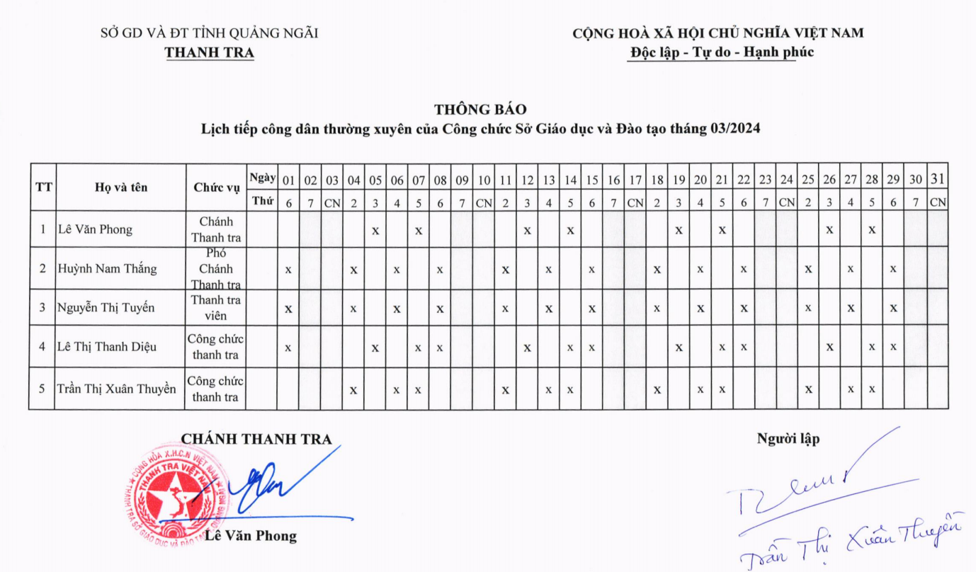 LỊCH TIẾP CÔNG DÂN THÁNG 03 NĂM 2024