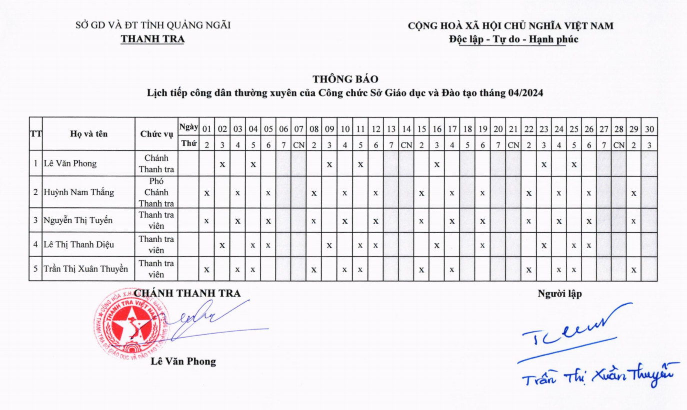 LỊCH TIẾP CÔNG DÂN THÁNG 5 NĂM 2025