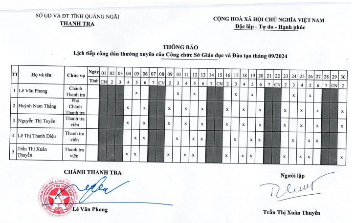 LỊCH TIẾP CÔNG DÂN THÁNG 03 NĂM 2025